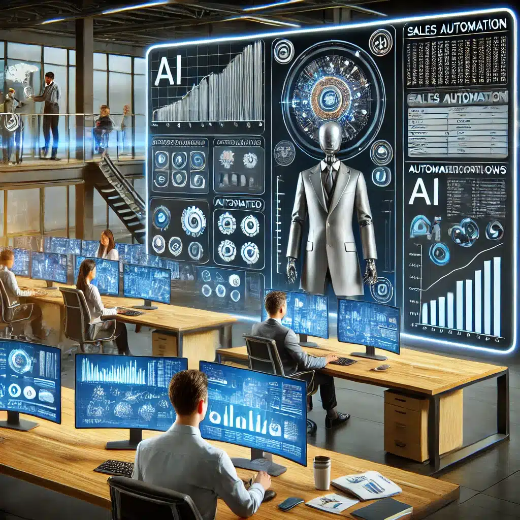 DALLE 2024 12 13 131600 A modern business office setting showing an AI powered sales automation system in action The image includes a team of professionals using AI tools to