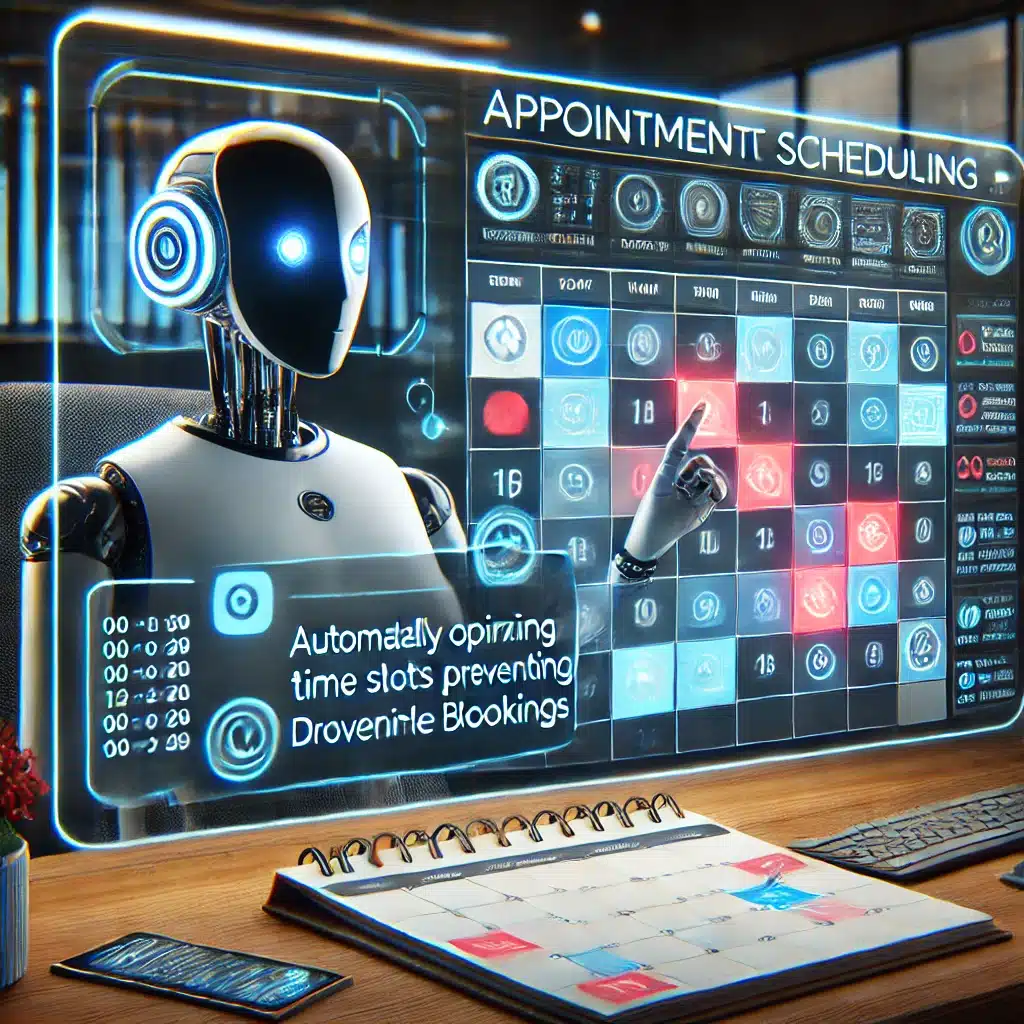 DALLE 2024 12 13 131659 An illustration of an AI driven appointment scheduling system in a modern digital environment The image shows a virtual assistant organizing appointm