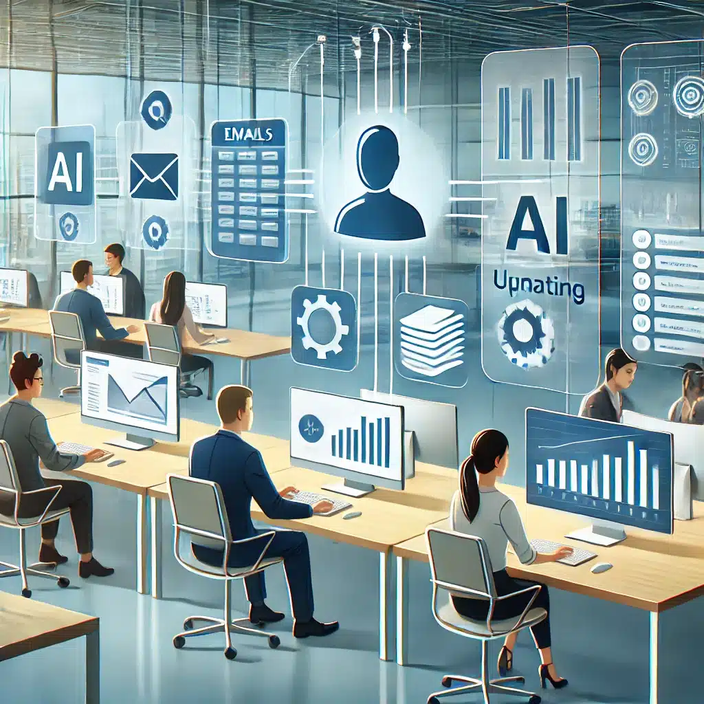 DALLE 2024 12 13 131808 An illustration showing a team working in a modern office environment where AI tools are being used to automate administrative tasks The image featu