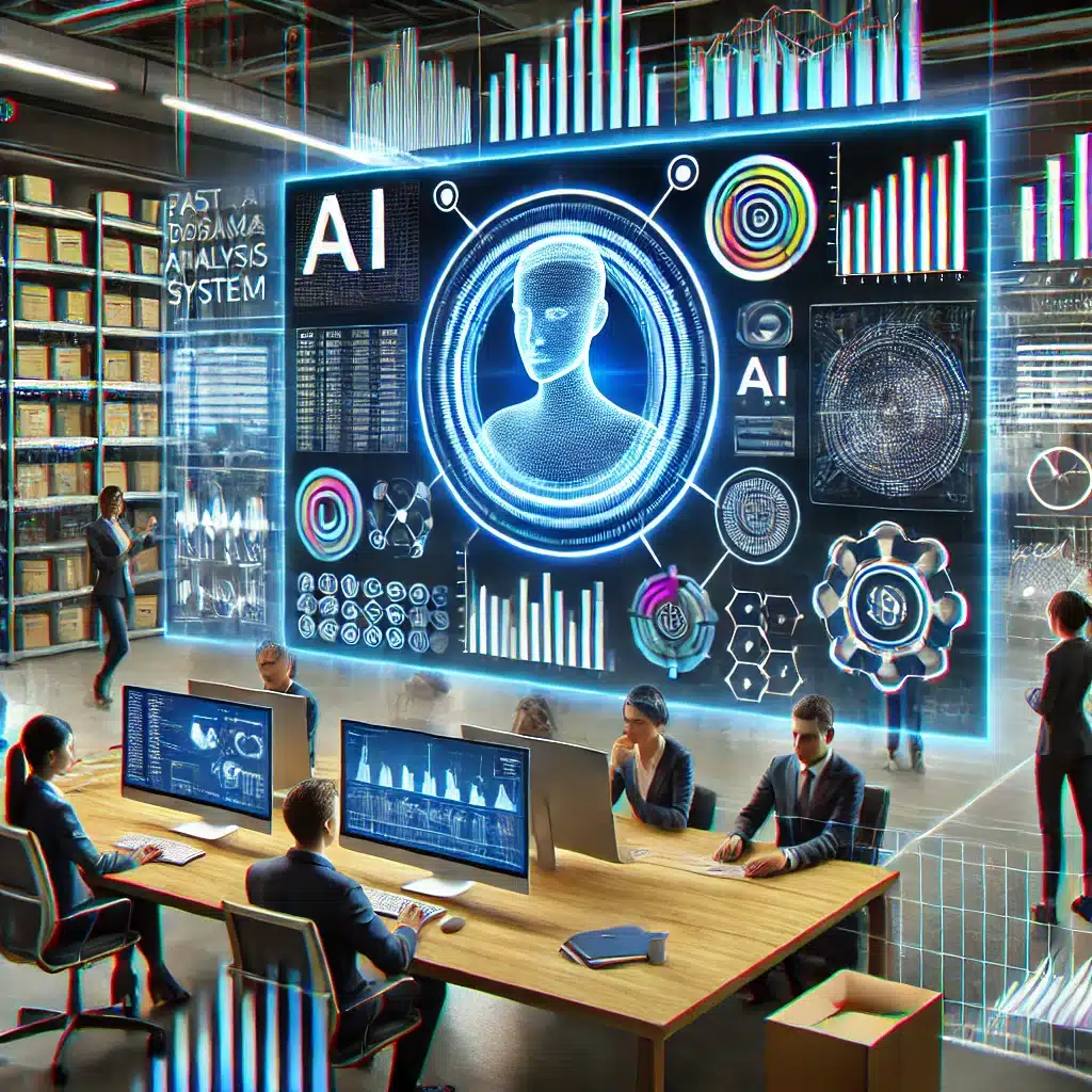 DALLE 2024 12 13 131911 An illustration showing an AI driven data analysis system in action with a large screen displaying graphs charts and predictive models The image s