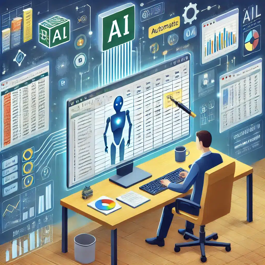 DALLE 2024 12 13 132247 An illustration showing an AI powered system automating Excel tasks The image depicts a user working on a computer with an Excel sheet on the screen