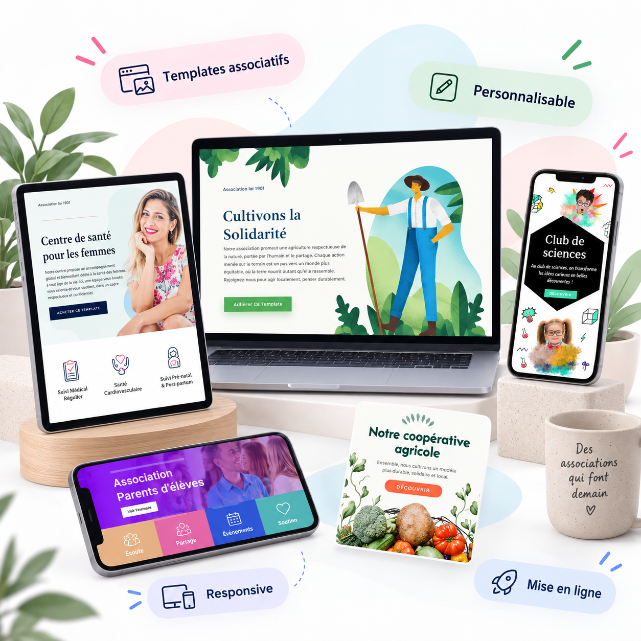 Exemples de templates associatifs présentés sur ordinateur, tablette et smartphone
