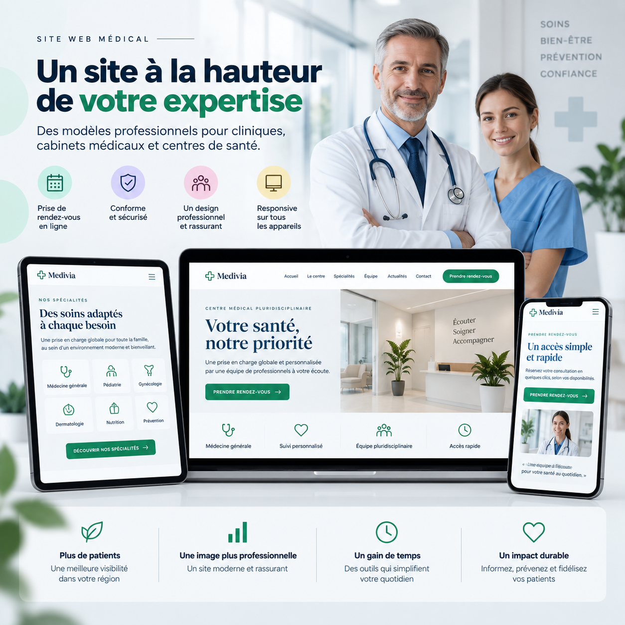 Exemple de site médical professionnel et rassurant sur ordinateur, tablette et smartphone