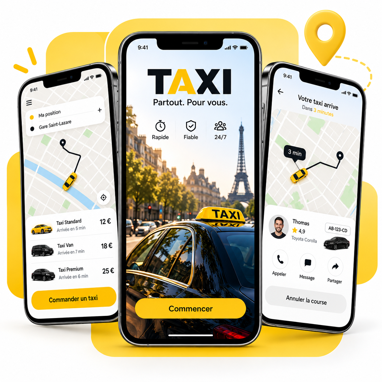 Application mobile de taxi et VTC developpee par l'Agence DYNSEO : ecran passager, suivi de course et tableau de bord chauffeur