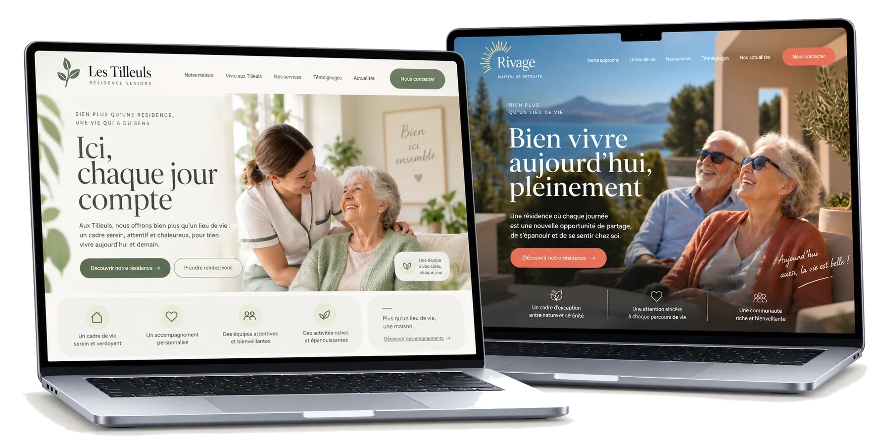 Deux modèles de sites internet pour EHPAD et résidences seniors créés par l'Agence DYNSEO, présentés sur ordinateur et mobile