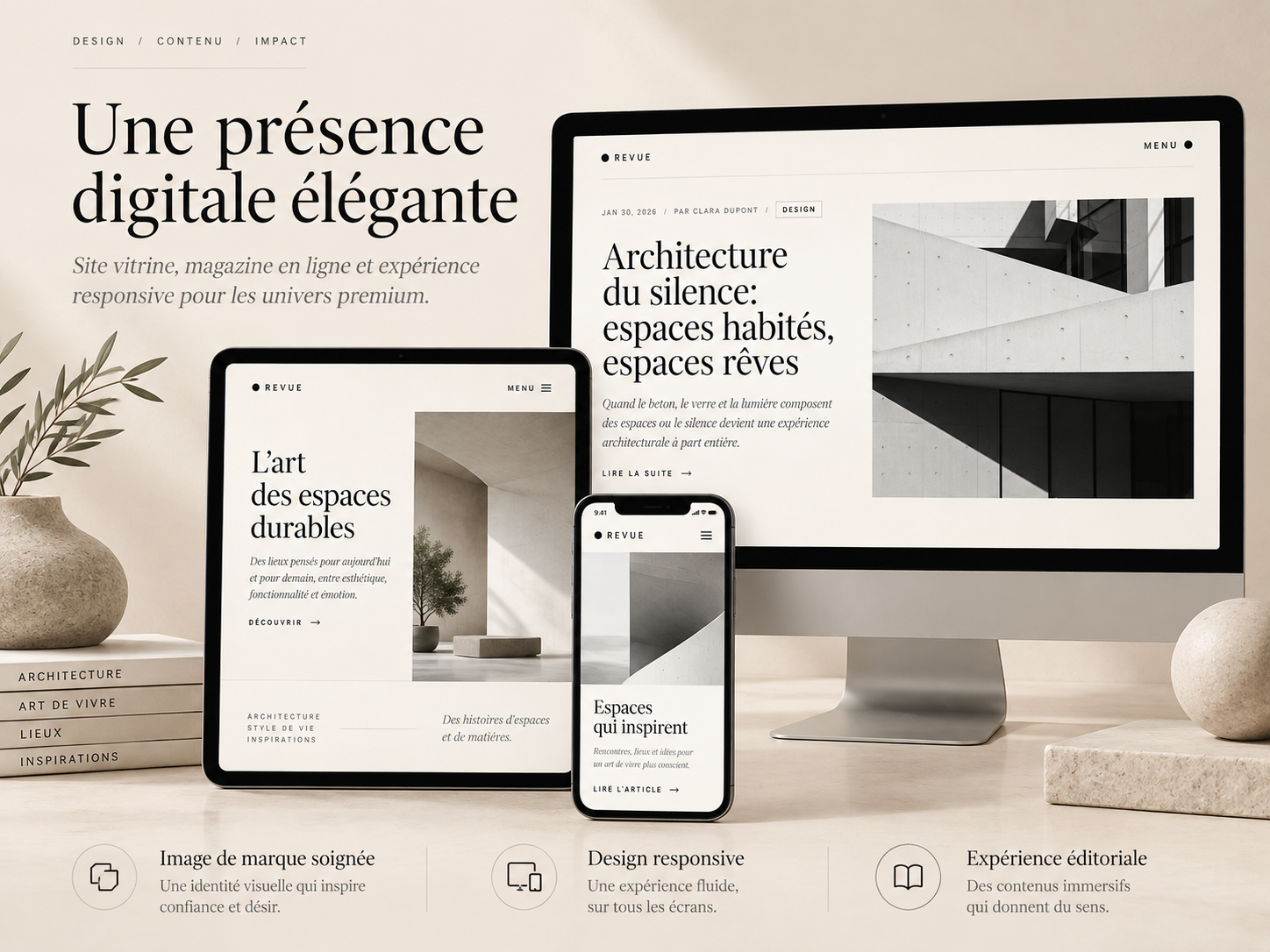 Exemple de site et d'application pour une marque de luxe sur ordinateur, tablette et smartphone