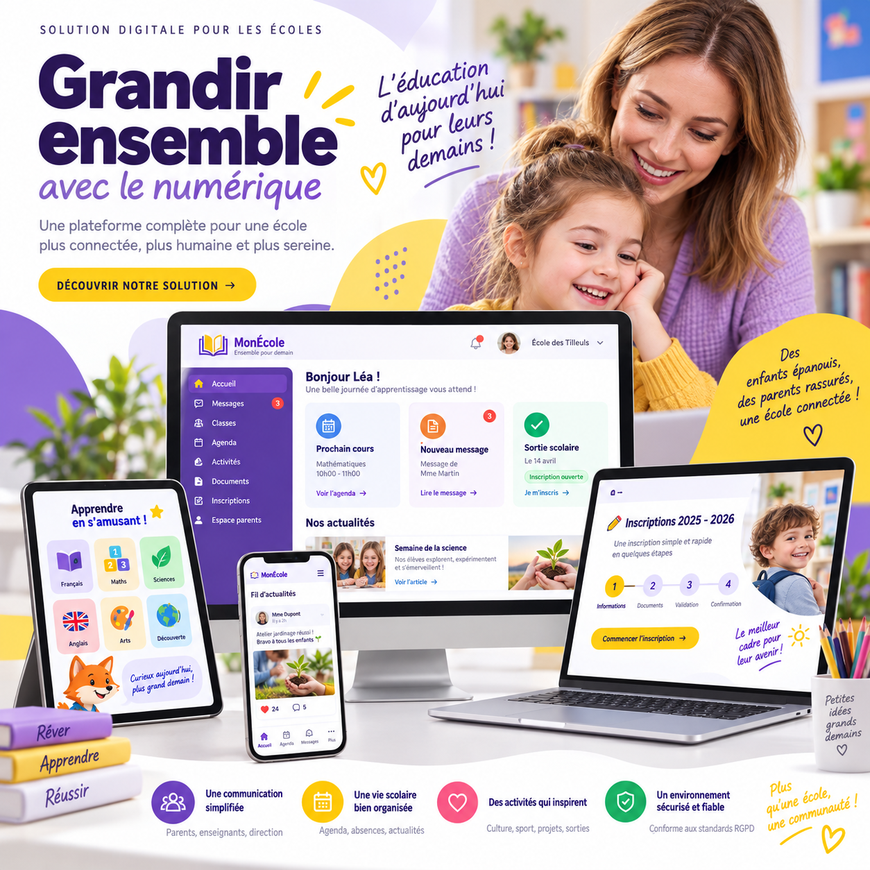 Exemple de site et d'application éducative sur ordinateur, tablette et smartphone
