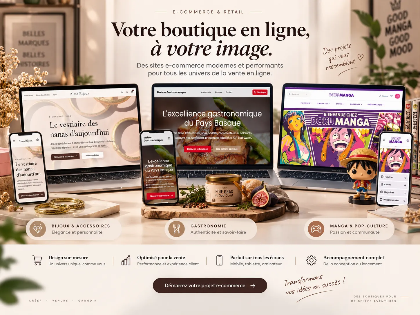 Exemple de boutique en ligne et d'application retail sur ordinateur, tablette et smartphone