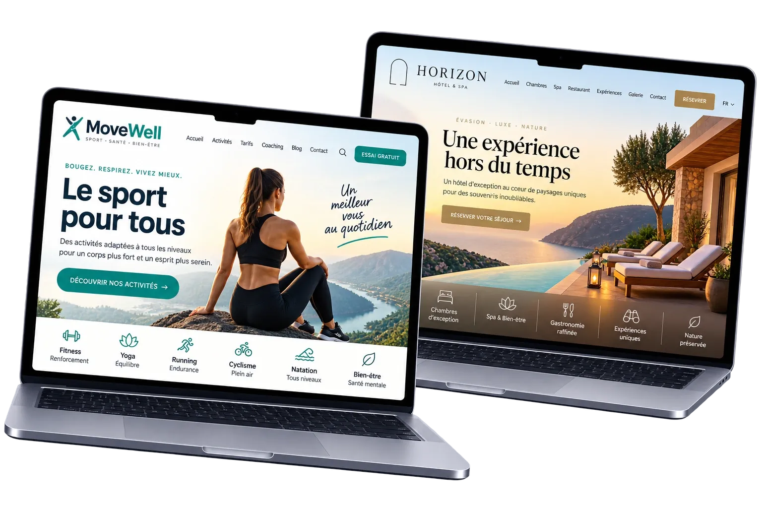 Modèles de sites internet pour clubs de sport, activités de loisirs et hôtels créés par l'Agence DYNSEO