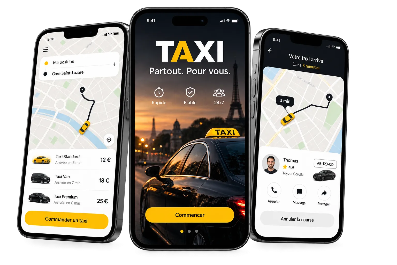 Application mobile taxi et VTC sur mesure développée par l'Agence DYNSEO : app passager, app chauffeur et suivi de course en temps réel